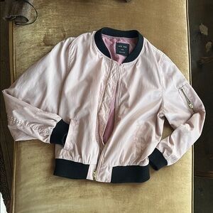 Moto Bomber Pale Pink black trim jacket label L probably Junior runs smaller